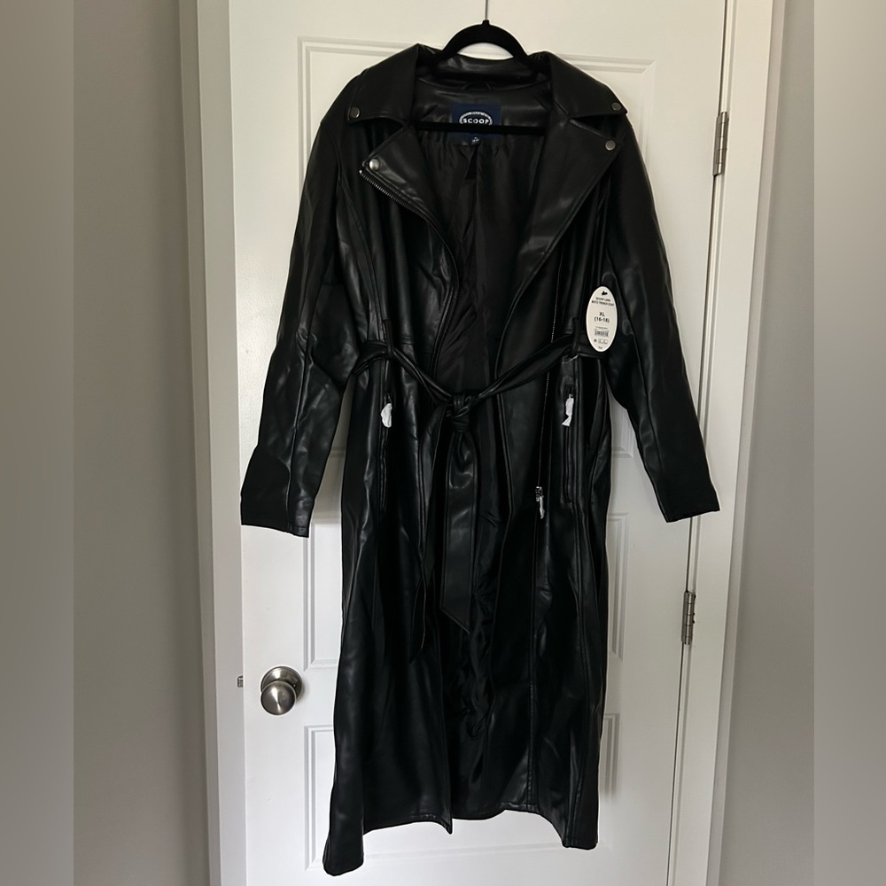 SCOOP Long Moto Women's Black Faux Leather Trench Coat XL NEW!